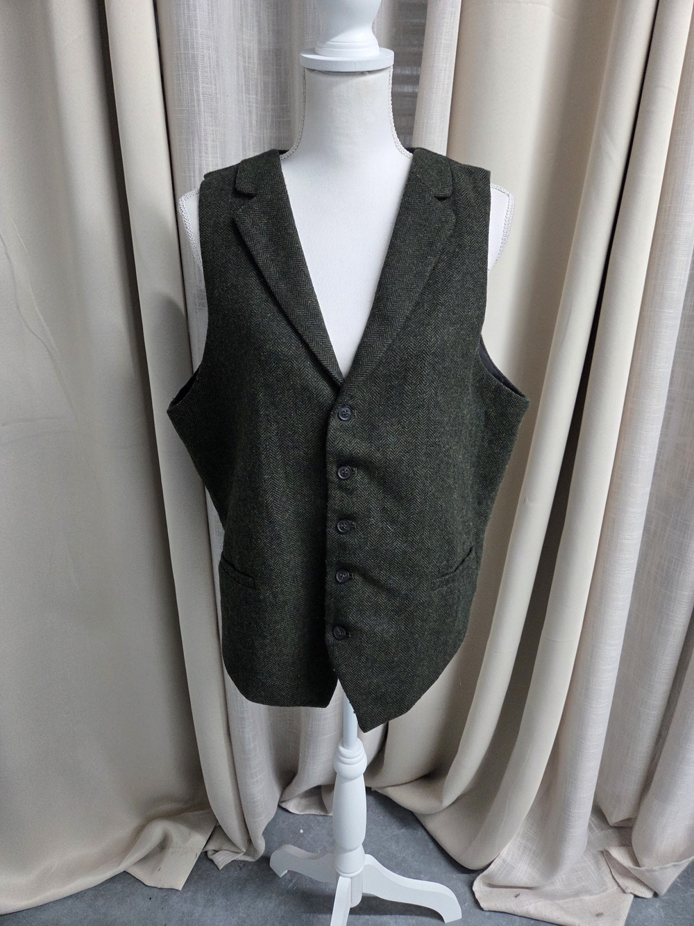 Wool Blend Olive Green Tweed Herringbone Voboom Vest Men’s XL